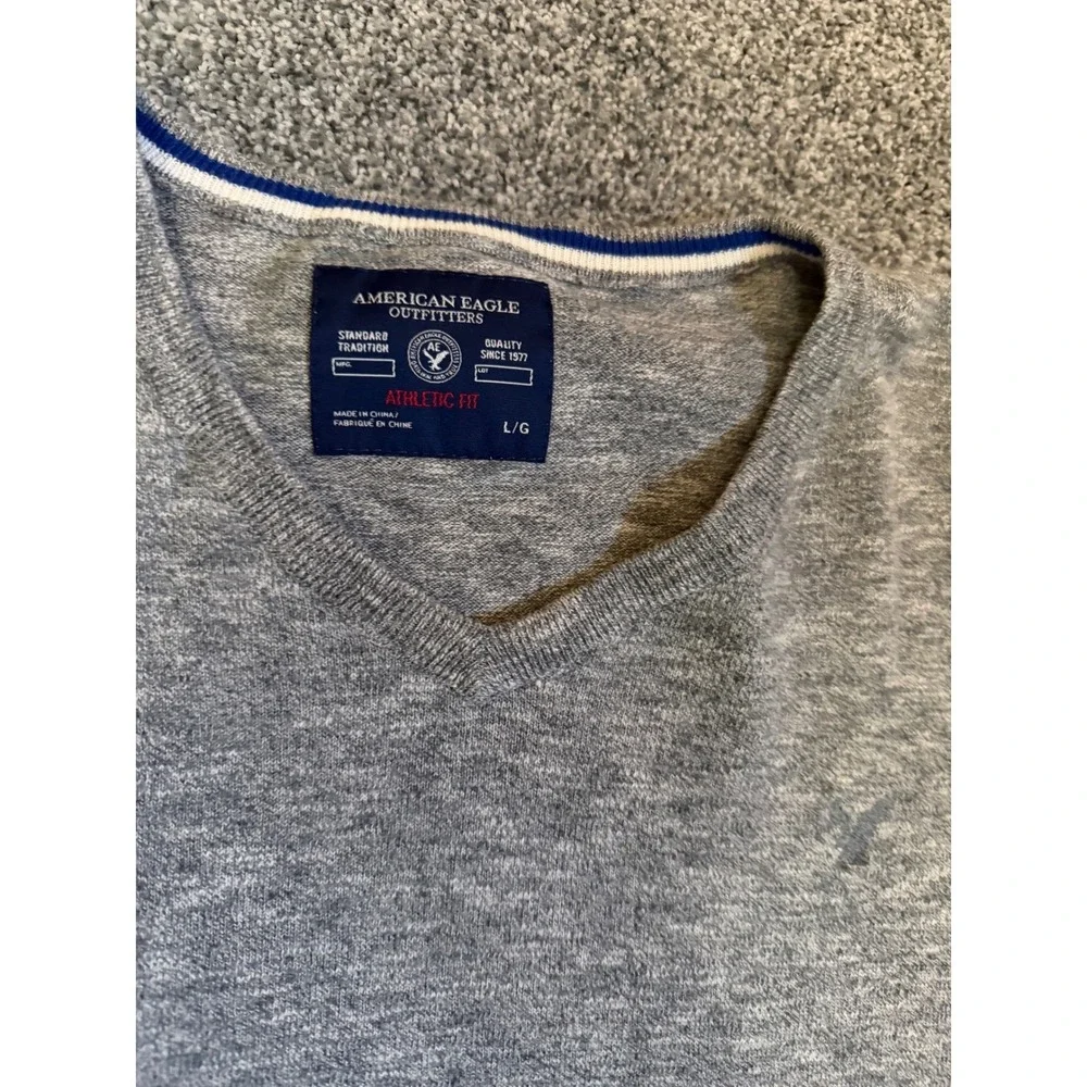 American Eagle Mens V-Neck Sweater Heather Gray Cotton Athletic Fit‎ Large L